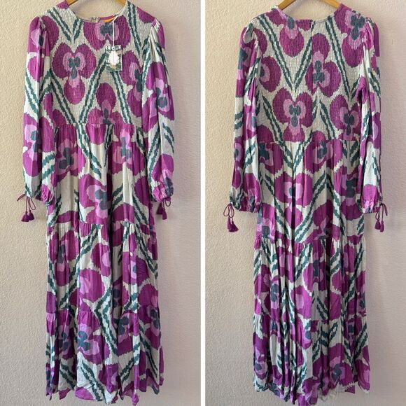NWT Oliphant Smocked Top Maxi Dress Medium Patola Purple Long Sleeve Tuckernuck - Picture 2 of 16